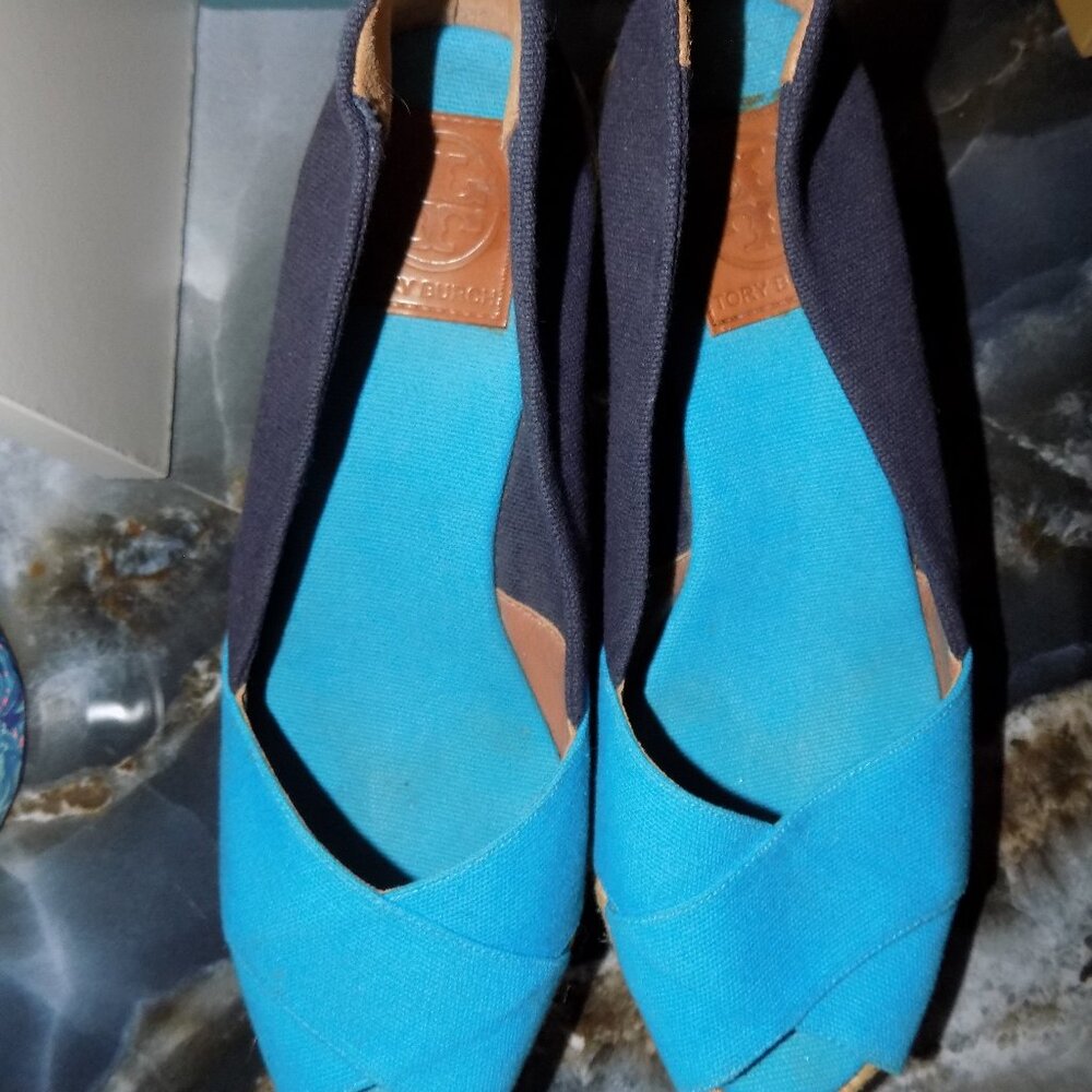 Tory Burch Filipa Espadrille Canvas Peep Toe Wedge Sandal Size 10B Two Tone Blue